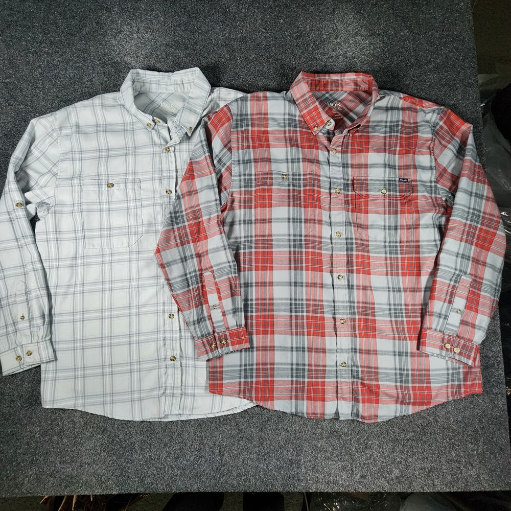 Lot of 2 Huk Plaid Button Down Performance Shirt Men XL Gray Red Long Sleeve